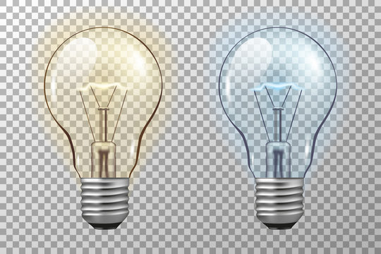 realistic light bulb. glowing yellow and blue filament lamps. vector 3d light bulbs set on transpare