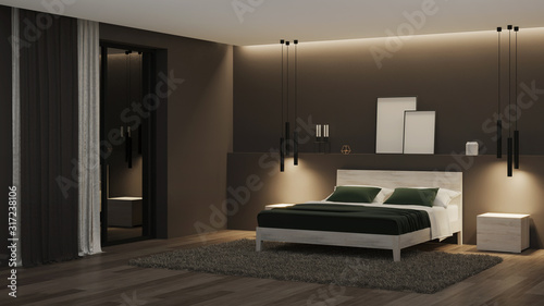 Modern house interior. Bedroom with dark walls and bright furniture. Night. E...