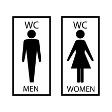 Black Silhouette Men And Women Icon In White Rectangle. Sign Restroom Women And Men. Icon Public Toilette And Bathroom For Hygiene. Template For Poster, Sign. Flat Vector Image. Vector Illustration.