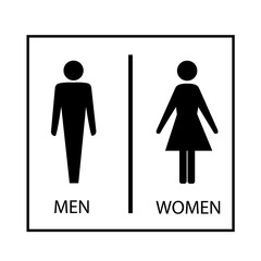 Black silhouette men and women icon in white rectangle. Sign restroom women and men. Icon public toilette and bathroom for hygiene. Template for poster, sign. Flat vector image. Vector illustration.