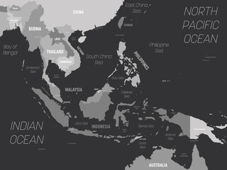 Poster - Southeast Asia map - grey colored on dark background. High detailed political map of southeastern region with country, capital, ocean and sea names labeling