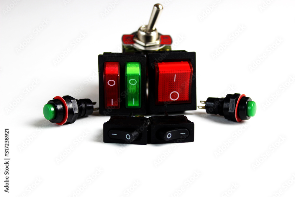 Closeup of toggle switch for power on off electric device isolated in ...