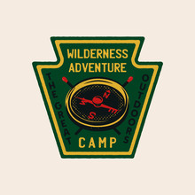 Wilderness Adventure Logo Design Print. Camping Compass Badge. Great Outdoors Patch. Camp Design For T-shirt, Other Prints. Outdoor Insignia Label. Stock Vector