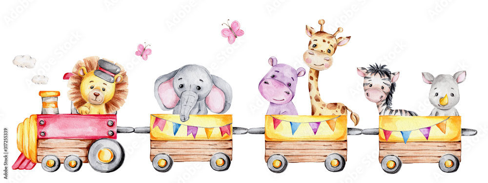Cartoon train with lion driver and elephant, rhinoceros, giraffe, hippopotamus and zebra on waggons; watercolor hand draw illustration; with white isolated background - obrazy, fototapety, plakaty 