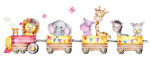 Cartoon Train With Lion Driver And Elephant, Rhinoceros, Giraffe, Hippopotamus And Zebra On Waggons; Watercolor Hand Draw Illustration; With White Isolated Background