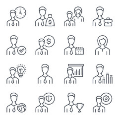 Poster - Business people related line icon set. Working staff linear icons. Team work outline vector sign collection.