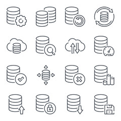Poster - data storage and database related line icon set. backup linear icons. data transfer and structure ou