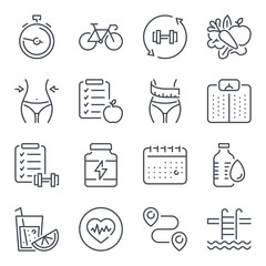 Poster - Fitness and workout related line icon set. Gym exercises linear icons. Sport and training outline vector signs and symbols collection.