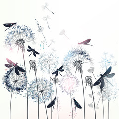 Poster - Elegant vector illustration with dandelions and dragonflies
