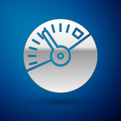 Silver Speedometer icon isolated on blue background. Vector Illustration