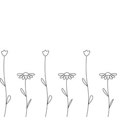 Wall Mural - Freehand drawn black line simple vector boarder floral frame on a white background. Doodle flowers for the decor of cards, labels, notebooks, invitations. Chamomile and bluebell