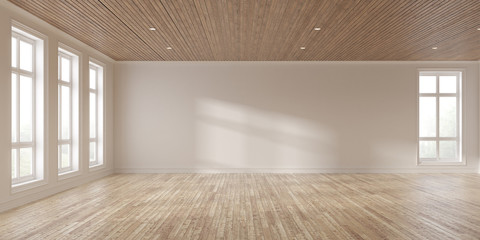 mock-up of white empty room and wood laminate floor with sun light cast the shadow on the wall,persp