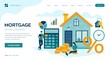 Mortgage concept. House loan or money investment to real estate. Property money investment contract. Family Buying Home. Man calculates home mortgage rate. Vector illustration with characters.