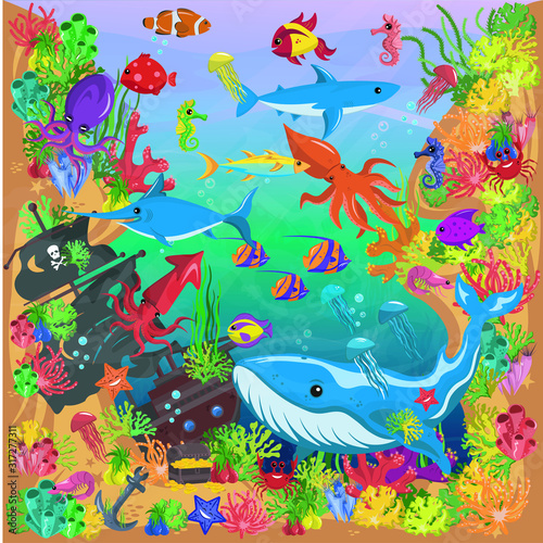 Photo Underwater world, vector art and illustration