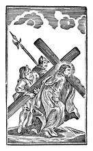 Antique Vintage Biblical Religious Engraving Or Drawing Of 5th Or Fifth Station Of The Cross Or Way Of The Cross Or Via Crucis. Simon Of Cyrene Helps Jesus Carry The Cross.Bible,New Testament