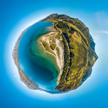 Aerial Tiny Planet Of Sandy Beach And Ocean Shore