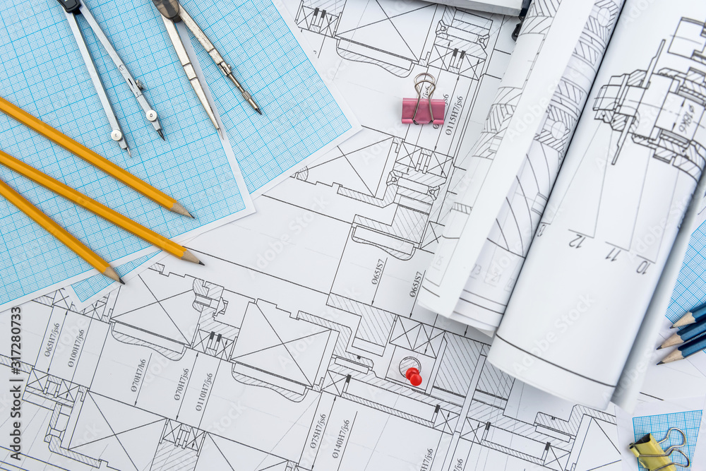 Paper Draw Engineer Technical drawing, graph paper and tools. Engineer office team working ...