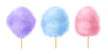 Cotton candy set. Realistic blue purple pink cotton candies on wooden sticks. Summer tasty and sweet snack for children. 3d vector realistic illustration isolated on white background