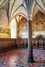 Richly Decorated Interior Of The Main Capitulary With The Characteristic Gothic Ceilings In The High Castle Part Of The Medieval Teutonic Order Castle And Monastery In Malbork, Poland