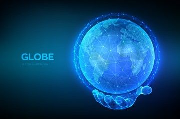 Wall Mural - Earth globe illustration. World map point and line composition concept of global network connection. Blue futuristic background with planet Earth in wireframe hand. Vector illustration.
