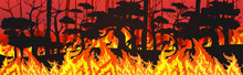 Silhouettes Of Kangaroos Running From Forest Fires In Australia Animals Dying In Wildfire Bushfire Burning Trees Natural Disaster Concept Intense Orange Flames Horizontal Vector Illustration