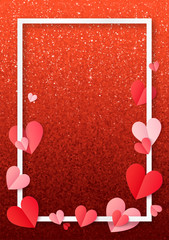 Wall Mural - Valentines day poster frame template with folded paper hearts and red glitter background, vector illustration mockup