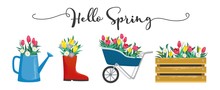 Hello Spring Cute Card With Blossoms And Lettering Vector Illustration. Blooming Flowers In Shoe Wooden Box And Watering Can Flat Style. Greeting Template And Warm Season Concept. Isolated On White