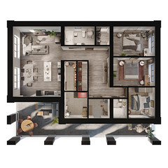Wall Mural - 3d render plan and layout of a modern apartment / private house with a terrace