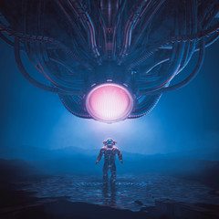 Wall Mural - my masters voice / 3d illustration of retro science fiction scene showing astronaut encountering gia