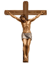 Jesus Christ Crucified On The Cross. Hand-drawn, Artistic Image Of A Wooden Cross With The Crucified Jesus Christ On A White Background.