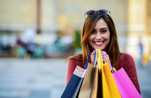 Smiling Woman Enjoying In Shopping. Consumerism, Fashion, Lifestyle Concept