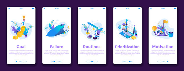 Motivation mobile app onboarding flow. Web site screens for mobile app development. GUI, UX, UI vector illustration template. Web design, graphic steps design concept for smart phone application.