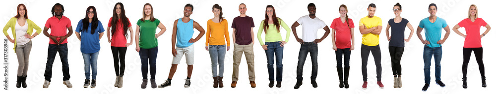 Group of young people collection smiling happy multicultural multi ethnic full body standing in a row - obrazy, fototapety, plakaty 