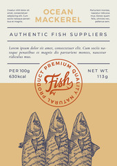 Wall Mural - Ocean Fish Abstract Vector Packaging Design or Label. Modern Typography Banner, Hand Drawn Mackerel Silhouette with Lettering Logo Stamp. Color Paper Background Layout.