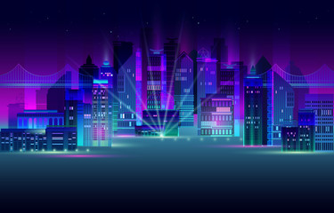 Wall Mural - Night city panorama with neon glow on dark background. Vector.