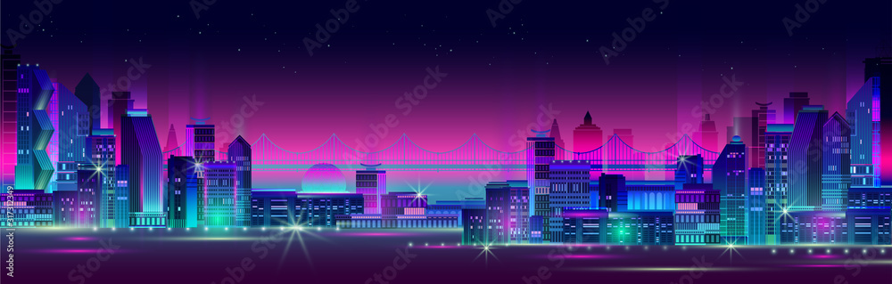 Night city panorama with neon glow on dark background. Vector. - obrazy, fototapety, plakaty 