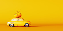 Yellow Car With Egg On The Roof, Easter Concept Background 3D Rendering