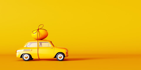 Yellow car with egg on the roof, Easter concept background 3D Rendering