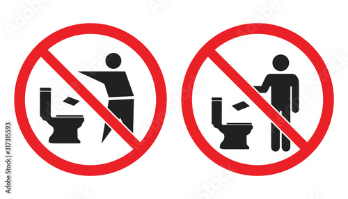 Fotomural No toilet littering sign, do not throw paper towels in toilet icons