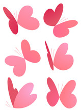 Vector Illustration Of Six Pink Butterflies Shaped As Hearts