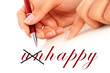 Hand is writing word happy. Hand holding red pen.