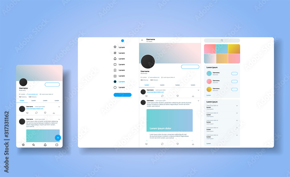 Social media network inspired by twitter. Ui Ux web responsive template of tweeter account. Mobile social media app and desctop. User profile, followers, and tweet mock up.  Vector illustration - obrazy, fototapety, plakaty 