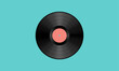 Vector illustration of a phonograph or gramophone vinyl record with modulated spiral groove and a salmon colored empty label. The disc is isolated on a teal background.