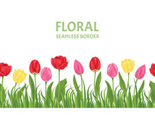 Tulips Seamless Border. Blooming Tulips Of Different Colors In Green Grass Isolated On White Background. Vector Illustration Of Red, Pink And Yellow Spring Flowers In Cartoon Flat Style.