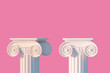 White ancient column pedestal isolated pink museum piece background, Greek pillar platform, 3d rendering