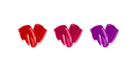 Poster - Three colors of glossy heart from lipgloss.Beautiful cosmetics smear.Isolated on white.Love make up concept.Valentines day symbol.Love cosmetics concept.