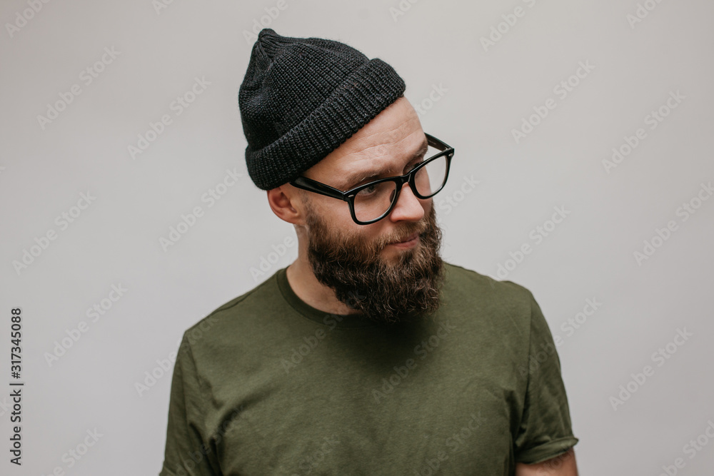 Download Handsome Hipster Guy With Beard Wearing Blank Casual Beanie Mockup For Print Wall Mural San4ezz007