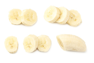 Wall Mural - fresh sliced banana isolated on white background. Healthy food. Top view