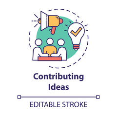 Leinwandbilder - Contributing ideas concept icon. Business meeting. Briefing and teamwork. Cooperation in group. Brainstorming idea thin line illustration. Vector isolated outline RGB color drawing. Editable stroke