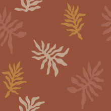 Modern Abstract Terracotta Trendy Seamless Pattern With Random Floral Leaves Different Shapes. Tropical Monstera Silhouettes In Warm Pastel Natural Earthy Color Palette. Good For Branding, Packaging O